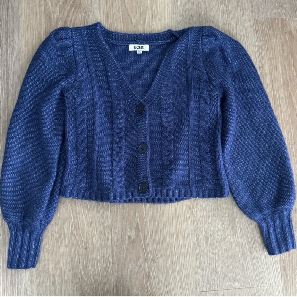 Anthropologie 525 America Women's Blue Cable Knit Puff Sleeves Sweater